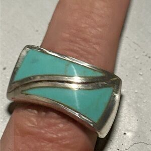 Vintage Sterling Silver Turquoise Inlay Ring Size 8 Modernist Southwest 925 AT
